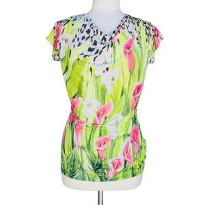 BLUGIRL BLUMARINE Women’s Size 42 US 6 Green Floral Cowl Neck Stretchy Top ITALY